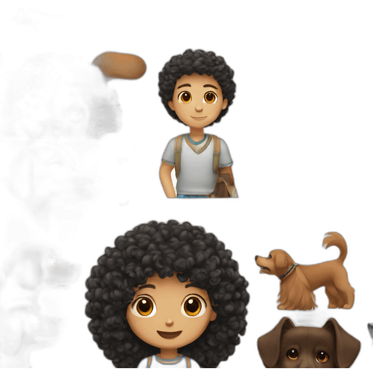 a Men with Long curly black hair;a girl with short brown hair; and black spitz dog emoji