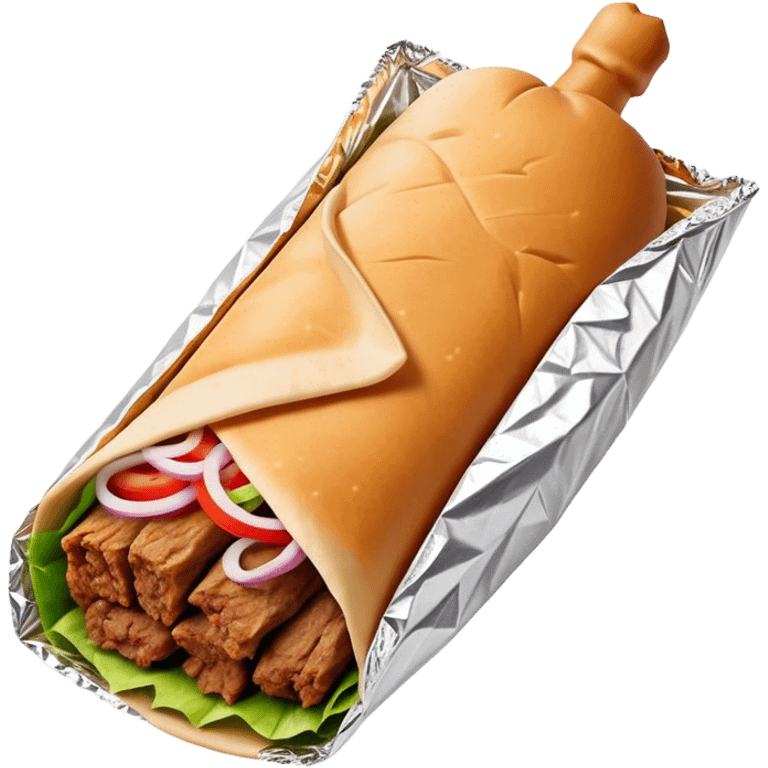 Doner Kebab Cinematic Realistic Doner Kebab Dish Emoji, depicted as iconic, spiced meat wrapped in foil and paper, rendered with lifelike textures and dynamic, appetizing lighting. emoji