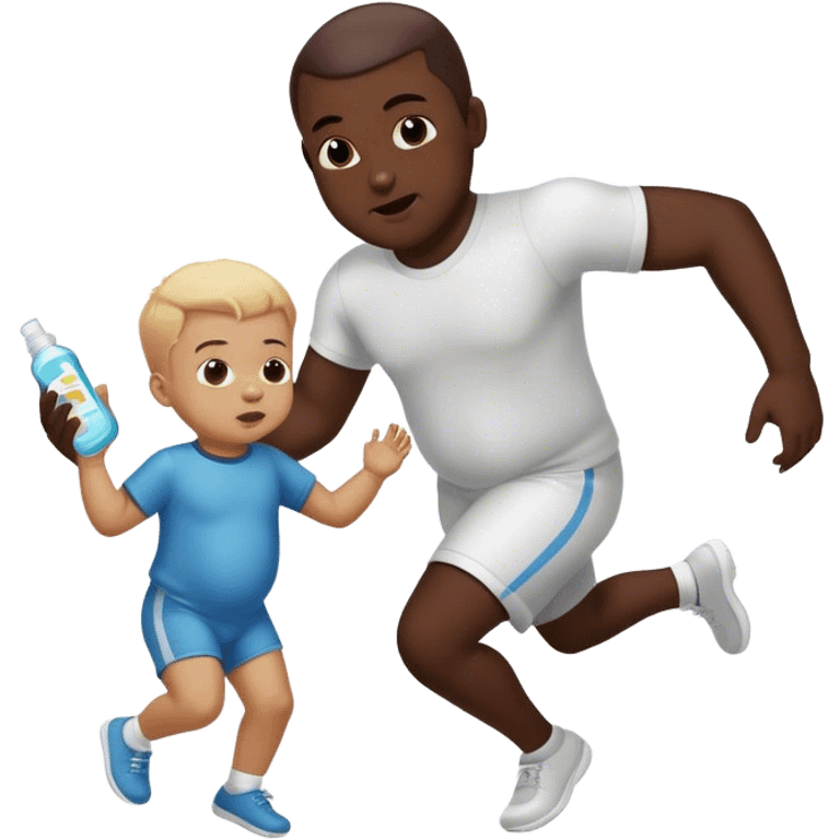 Little boy running from big black man who is holding baby oil emoji