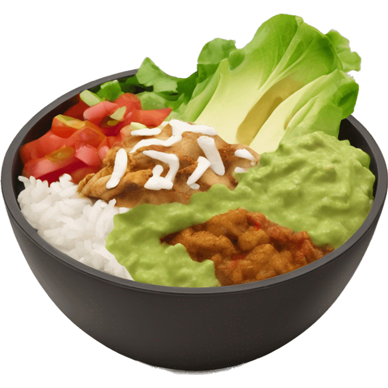 Chipotle bowl with lettuce, chicken, white rice, guacamole, salsa, peppers emoji