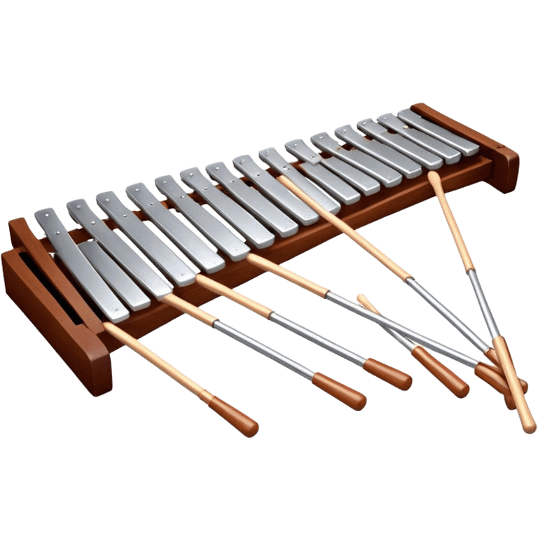 Create a detailed and professional emoji representing a Fleet FLT-SX37 long orchestral wooden xylophone. The design should showcase the large wooden bars of the xylophone, arranged in a traditional setup, with soft metallic accents on the mallets. The bars should have a rich wood texture, with polished details to reflect the quality of the instrument. The mallets should be held above the bars, with the heads clearly visible. Use warm, rich wood tones like mahogany and light brown, with silver or metallic accents for the mallets. Add subtle musical notes floating above the xylophone to emphasize its melodic sound. The background should be transparent. emoji