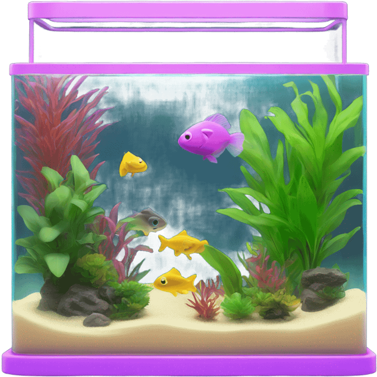 One Rectangular fish tank, beige lid and wedges with green plants inside  and  fish in different neon colors (pink, yellow, purple, green, blue) emoji