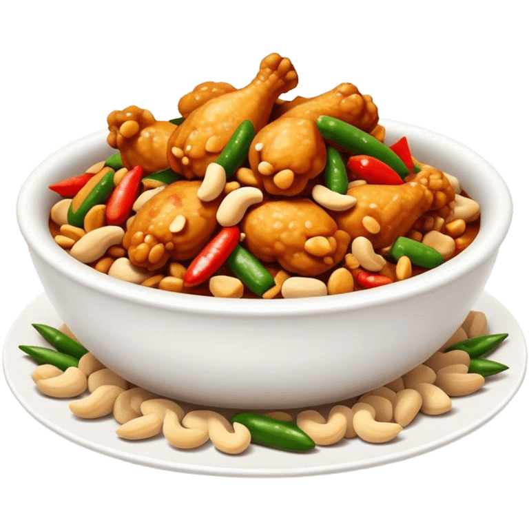 Cinematic Realistic Kung Pao Chicken Dish Emoji, showcasing spicy, stir‚Äêfried chicken with peanuts and vegetables rendered with dynamic textures and vibrant lighting. emoji