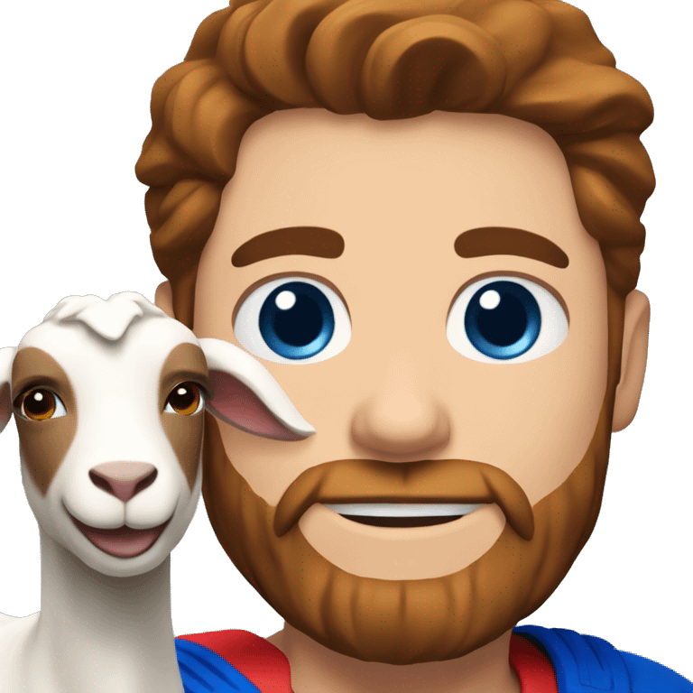 Man holding a goat, redish brown hair redish beard, blue eyes, wearing a superman outfit emoji