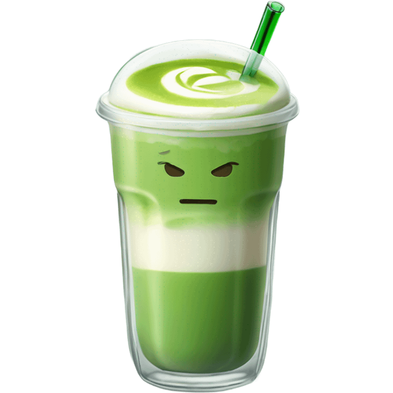 Matcha latte drink in sleek rounded glass with ice and glass straw that folds towards you emoji