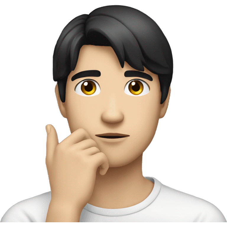 thinking with his hand on chin white young male with black hair without body just face and hand emoji