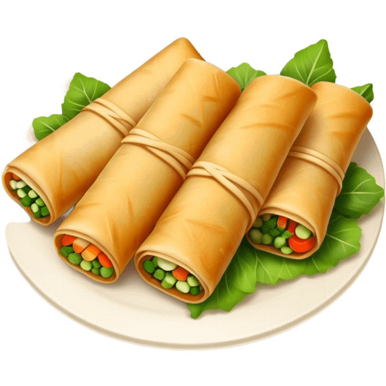 Cinematic Realistic Spring Rolls Dish Emoji, featuring golden, crispy rolls filled with fresh vegetables rendered with detailed textures and warm natural lighting. emoji