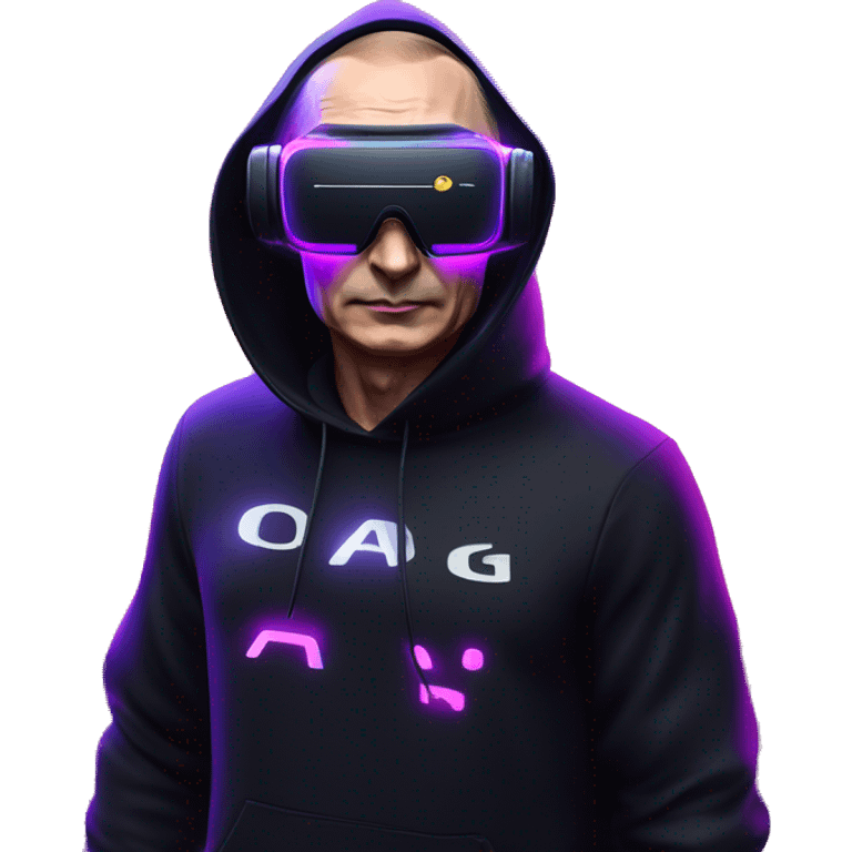 Vladimir Putin wearing a black hoodie with "OMG" letters on it and VR headset oculus quest 2 in a cyberpunk VR environment with violet neon lighting. emoji