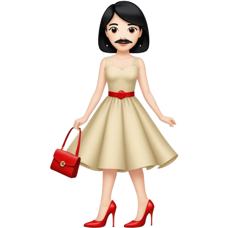 Guy in a dress and red high heels with black hair and black mustache  emoji