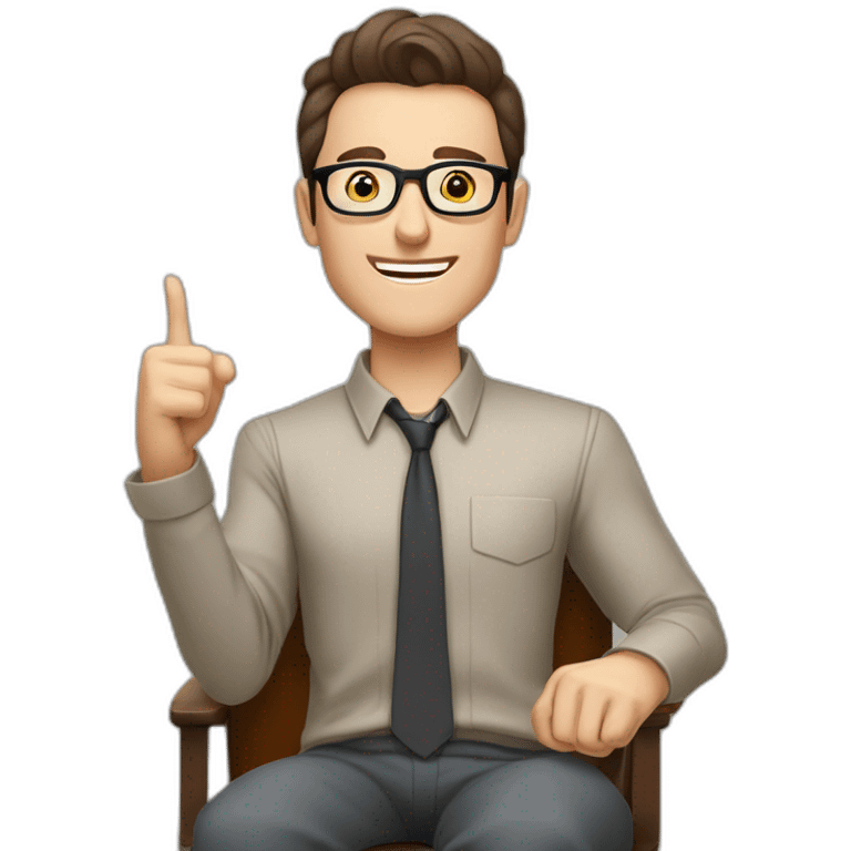 Joyful Celebrating victory Hands up Pale skinned Fit Man With dark brown hair in gray jacket, beige office shirt, Brown pants and vintage glasses sitting In a soft chair emoji