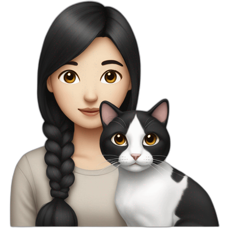 Asian girl with Black and White cat emoji