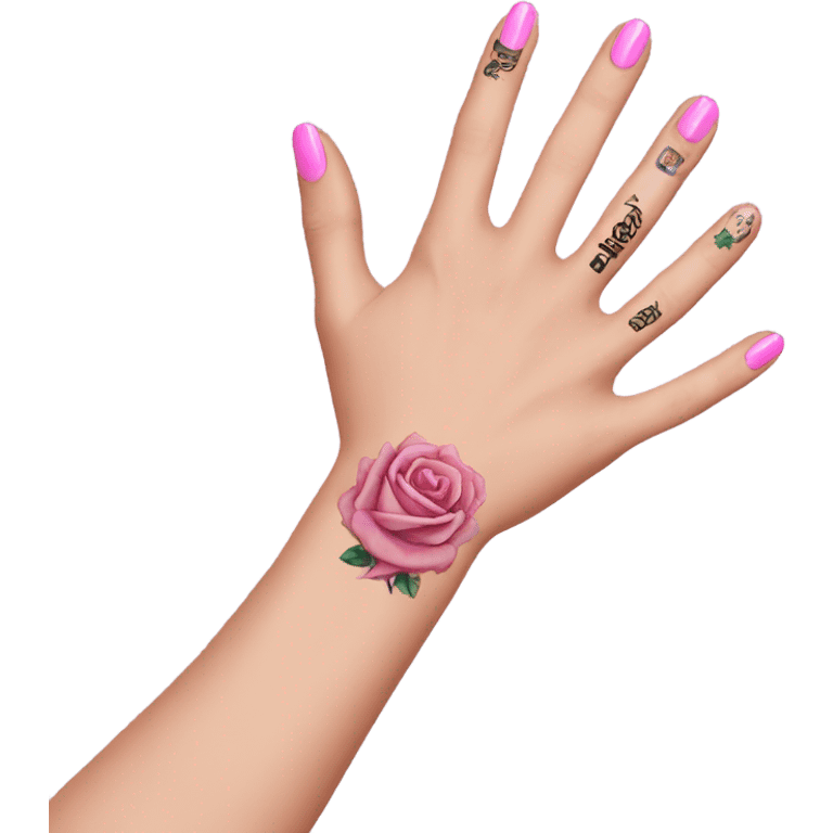 White girl arm with pink nails and tattoos emoji