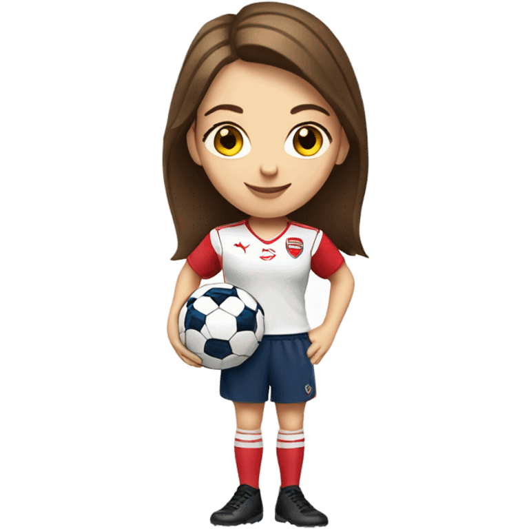 Pretty white woman with short brown hair holding a soccer ball and wearing an Arsenal jersey emoji