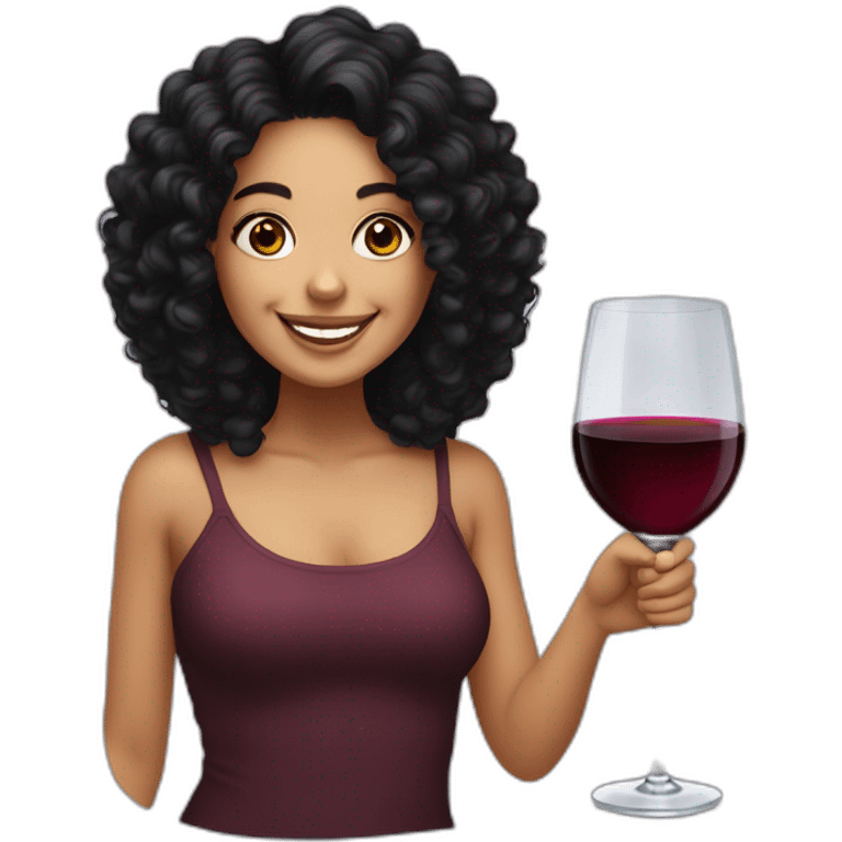 White latin girl with big smile, curly black hair and glass of wine emoji