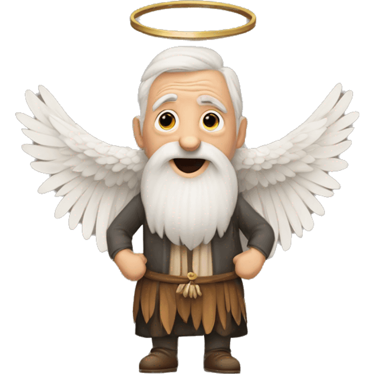 An old man with a beard, with two wings, with one hand raised for worship and a ring in the other hand, with three feathers and rows of feathers in each wing, and a skirt with three rows of feathers. emoji