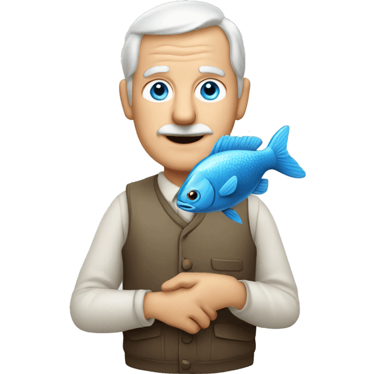 Old white man with blue eyes holding fish emoji