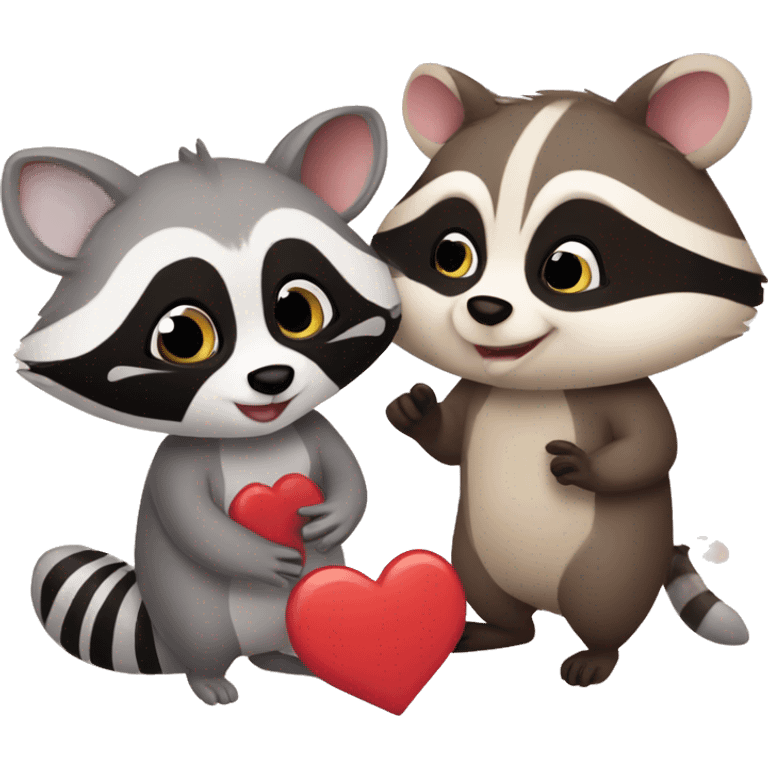 Raccoon and opossum cute couple in love with heart emoji