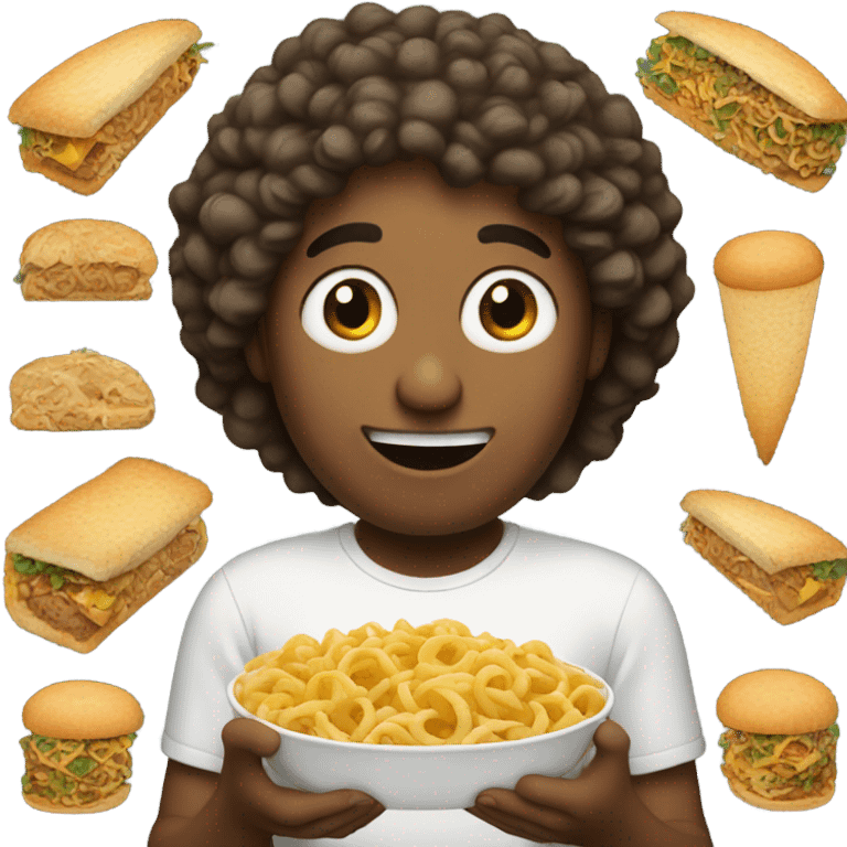 man with curly hair eating a lot of food emoji