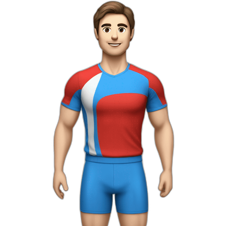 retro 70s blue and red gym clothes for a modern white brunette uni male student with glass emoji