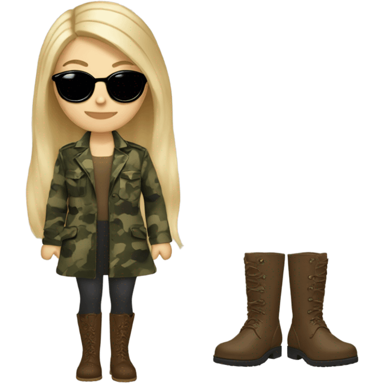 White girl with Long blonde hair and round sunglasses, camouflage Wool oversize blazer, mini dress and Brown leather boots  emoji