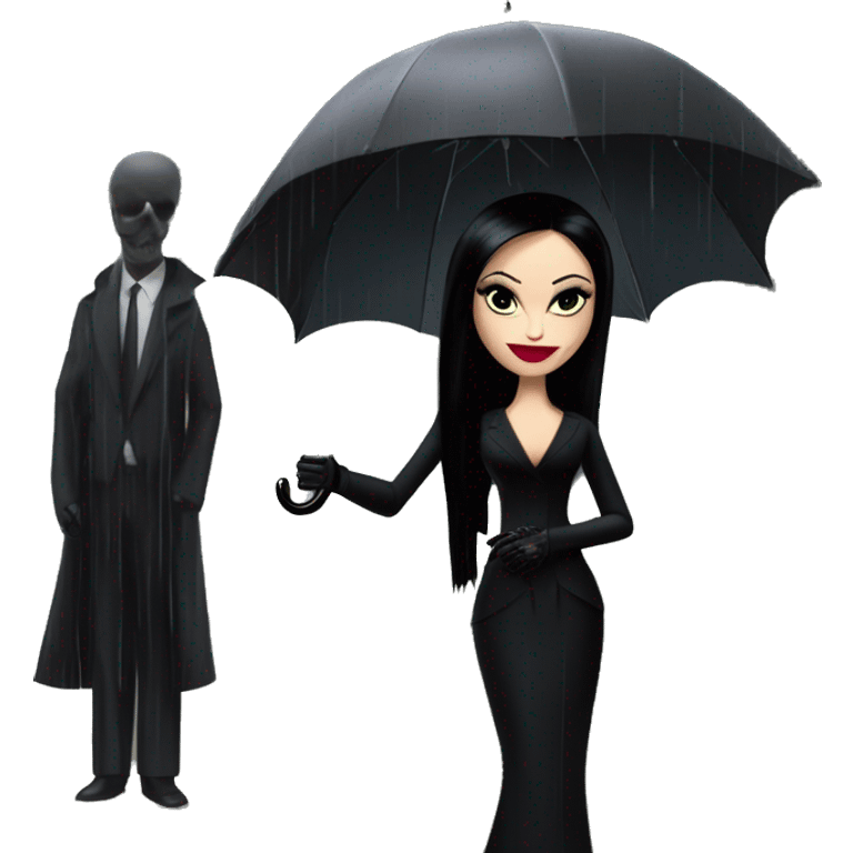 Morticia Addams at a rainy funeral holding umbrella. funeral veil ,gloves,purse. Palm Beach Honey Barbie  emoji