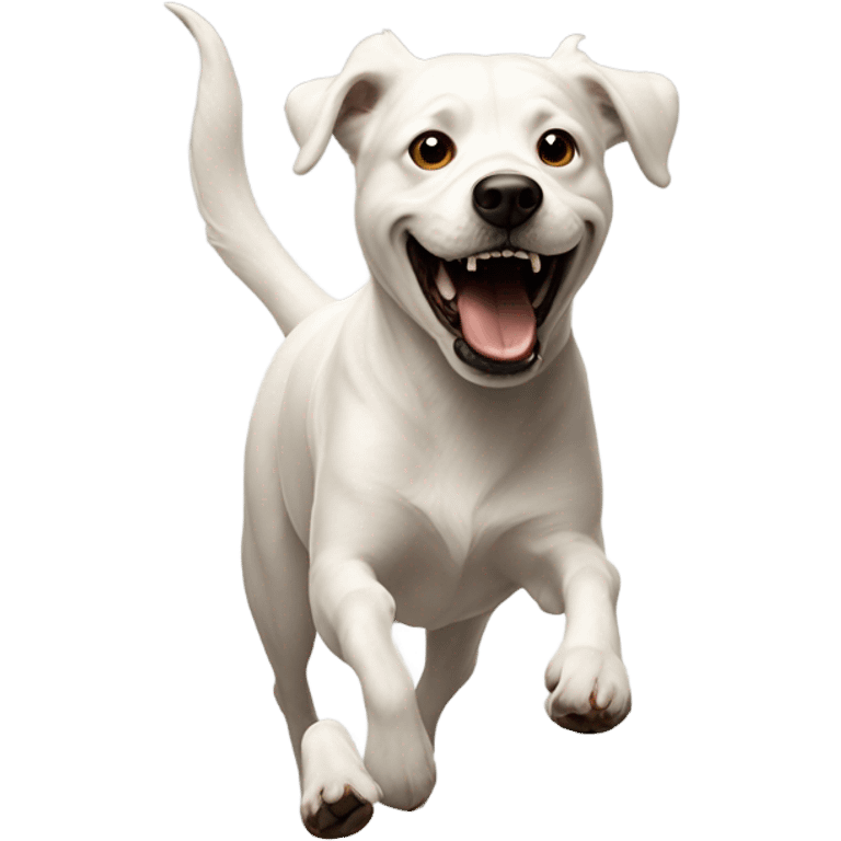 A smiling shit running after a white dog emoji