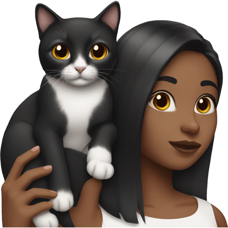 Straight hair Black girl holding black/white cat emoji