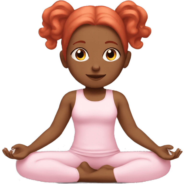 girl with long red hair in a baby pink outfit doing yoga emoji