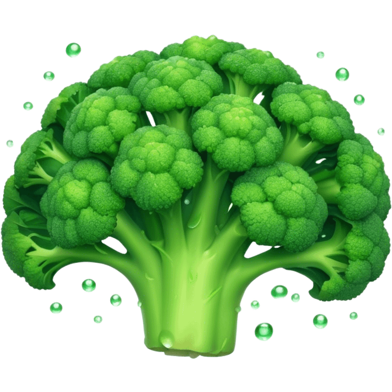 Cinematic lush green broccoli, detailed florets glistening with dewdrops, ultra-fresh and vibrant, soft glowing background, healthy and delicious. emoji