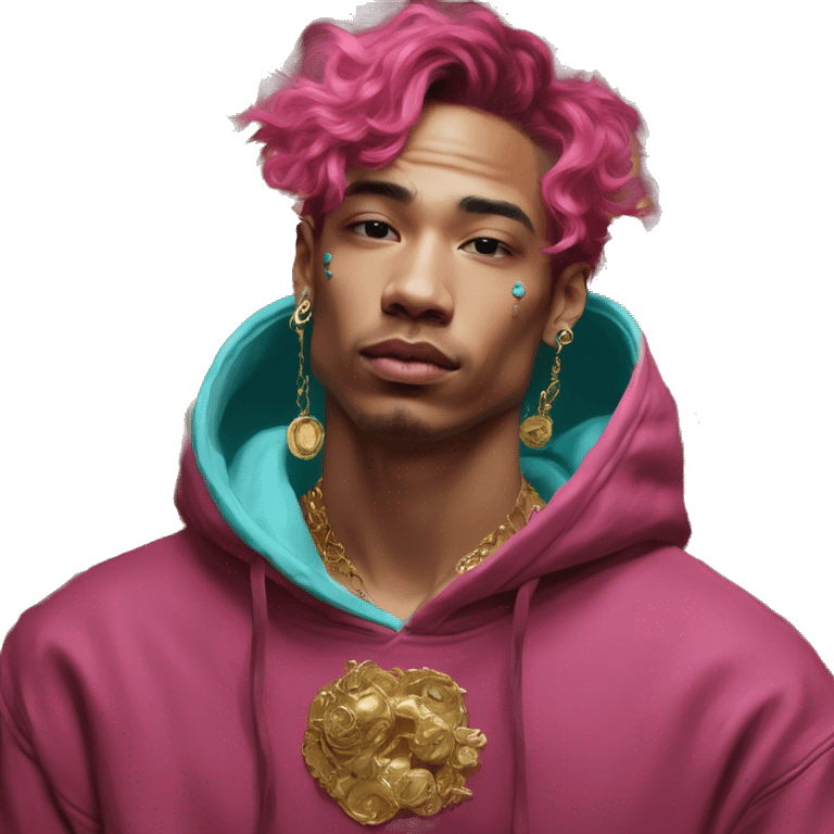 Vintage painting swirls gold jewellery baroque raven wings angel tropical Deep pink maroon burgundy cyan dark hoodie man vitiligo dyed hair gold piercings nose piercing ear piercings emoji