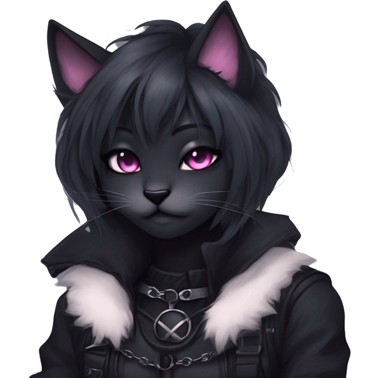 Gorgeous furry gothic dark techwear anime style anthro black cat furry sona with blushing face aesthetic and pretty edgy black with collar and harness trending style emoji