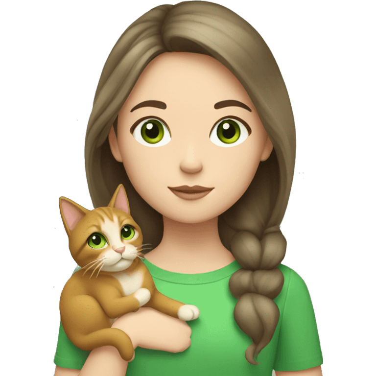 girl with dark blond hair and green eyes, holding a cat with 3 colors emoji