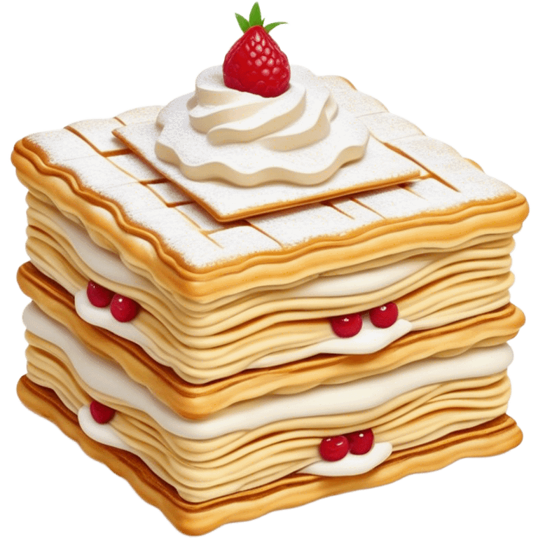 Cinematic Realistic Mille-Feuille Dessert Emoji, depicted as layered puff pastry with rich cream and a dusting of powdered sugar rendered with intricate textures and elegant, soft lighting. emoji