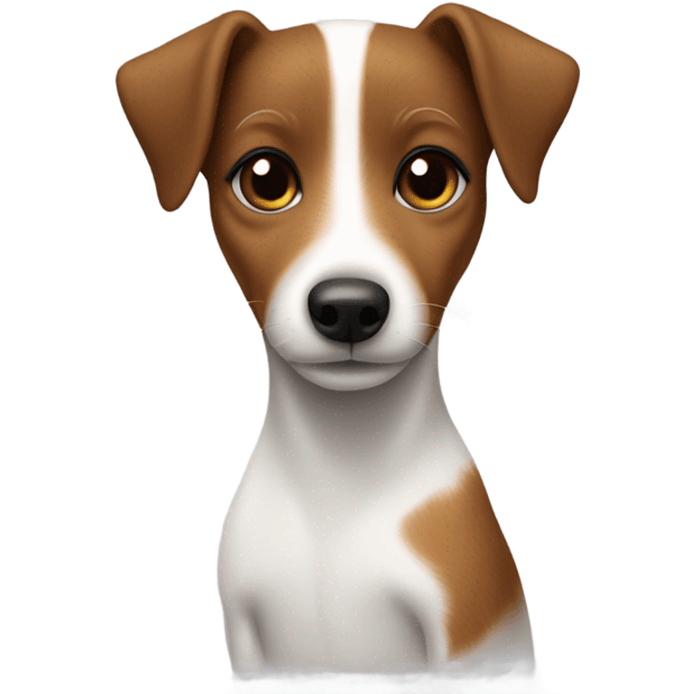 Jack Russell dog in the arms of a girl with brown hair and a mole above her lip emoji