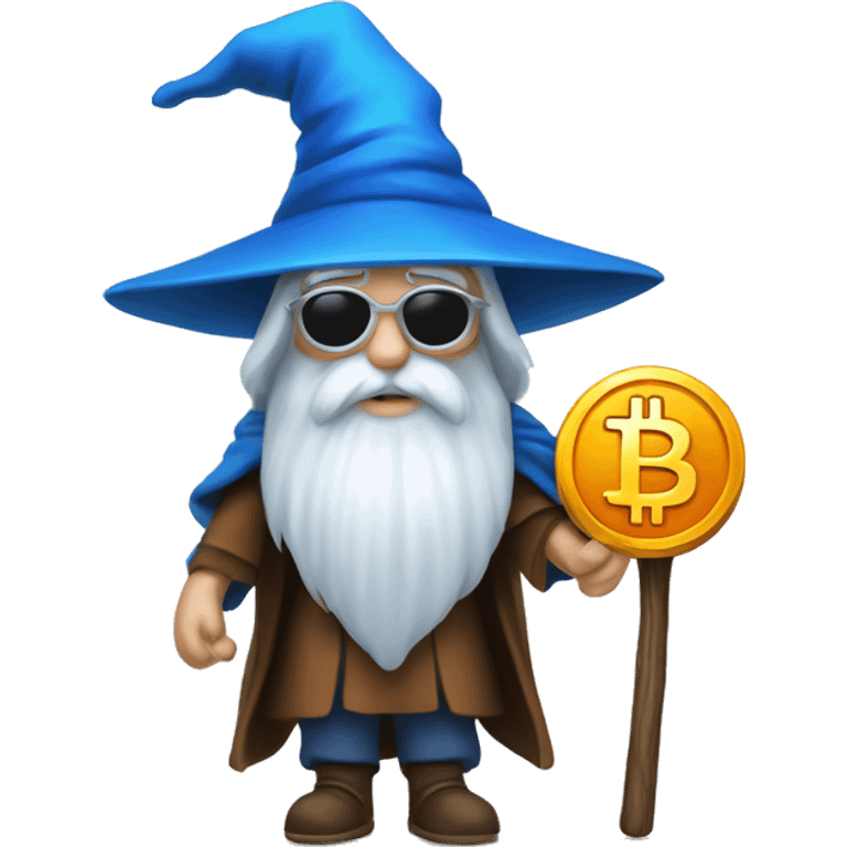 wizard emoji with blue hat, white beard and a staff with a bitcoin logo on the top of it  emoji