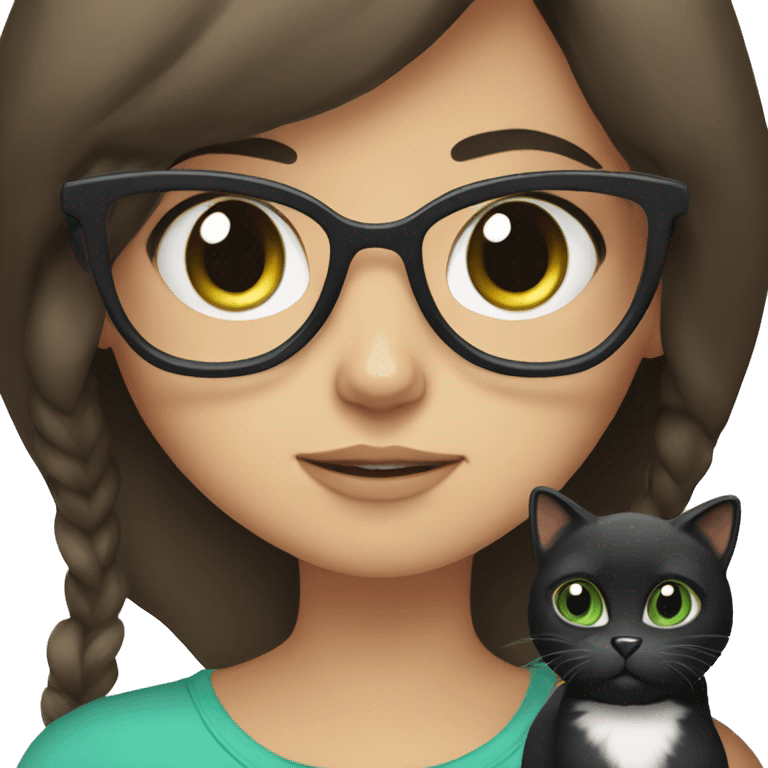 Brunette girl with glasses and Bluey green eyes holding a black and white cat emoji