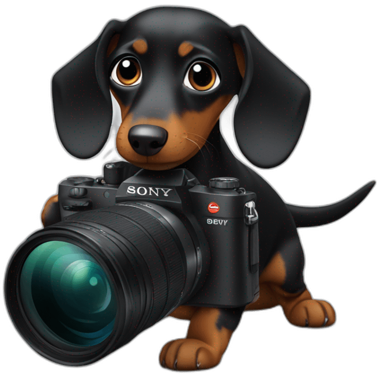 a black dachshund dog holds a SONY camera in its paws emoji