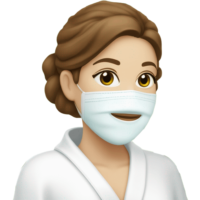 White girl with Brown hair and blue eyes wears a Green skincare textured mask and puts on cucumbers around her eyes while She relaxes in her white Robe emoji