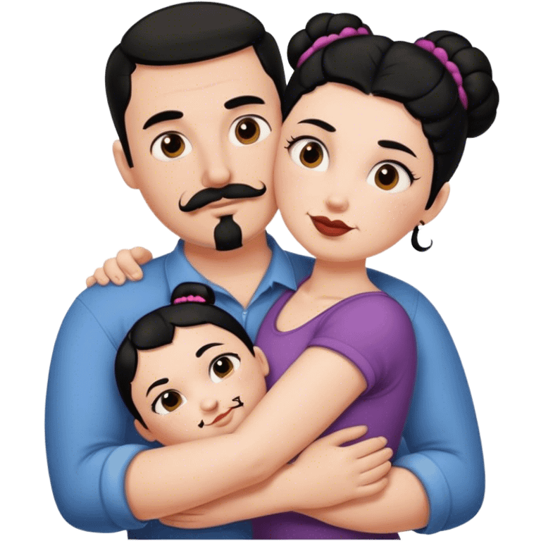 Tall strong white man with dark brown mustache goatee hugging a chubby short pale woman with black hair bun emoji