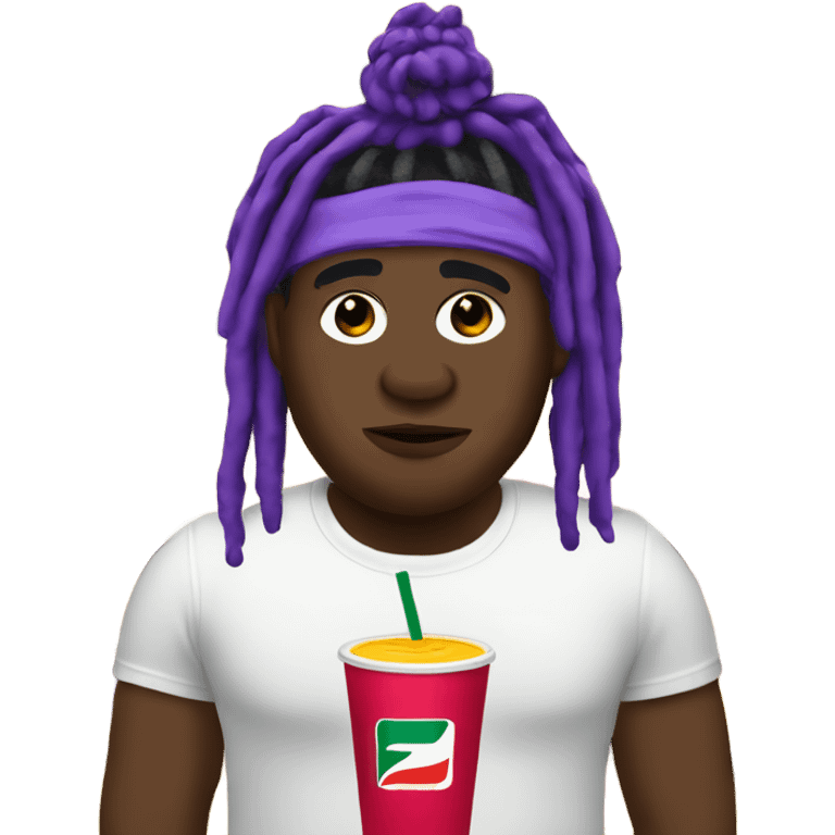 black fat man with purple drink in 7 eleven cup and shoulder length dreads emoji