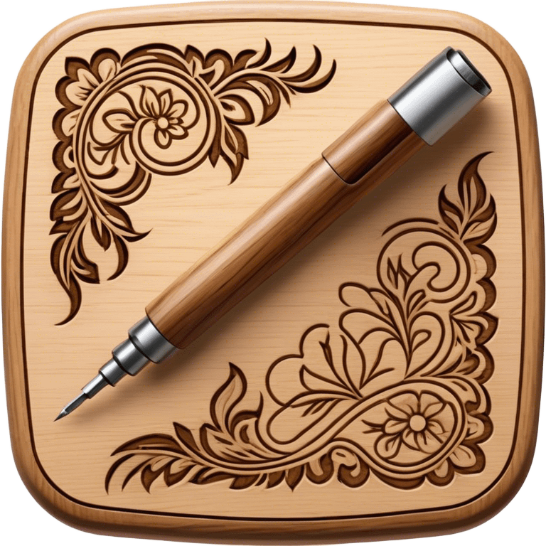 Pyrography icon, large wooden surface with detailed burn marks, intricate patterns etched into wood using a soldering iron, no flames or smoke, minimalistic style, clean lines, transparent background. emoji