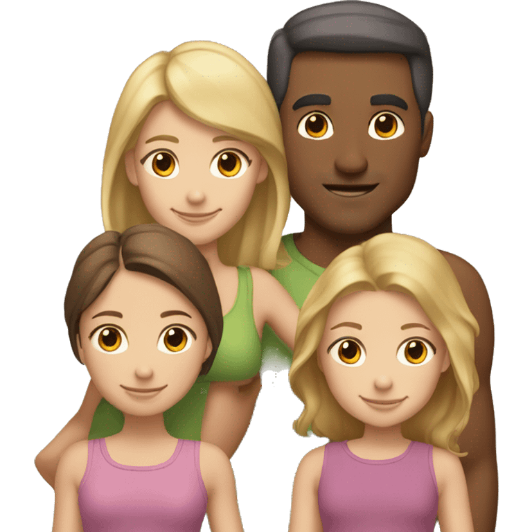 Single dad with three daughters. Dad has short dark hair. Daughter 1 is blonde with short hair, daughter 2 has longer auburn hair, daughter 3 has longer brunette hair. All are white emoji