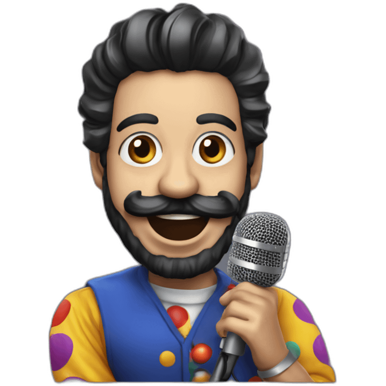 radio presenter with black beard and with a microphone on his hand dressed as a silly clown emoji