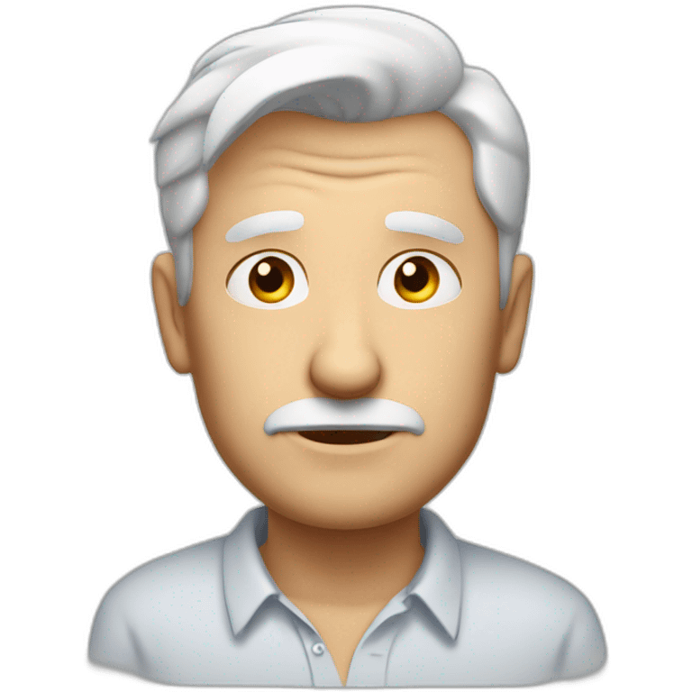 Unsure european shaved guy in his fifties with mid long white hair wearing a shirt saying hello emoji