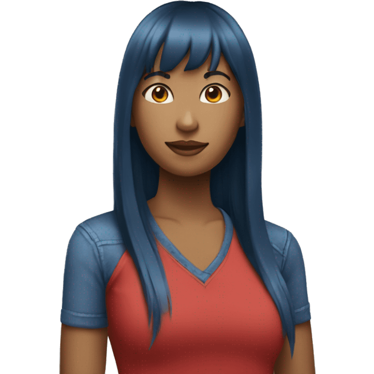 woman with long straight hair and bangs with red shirt and blue jeans standing  emoji