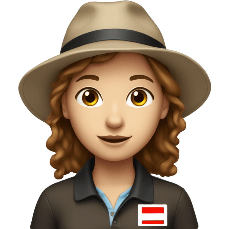 Brown haired girl with red polo, black hat and name tag emoji