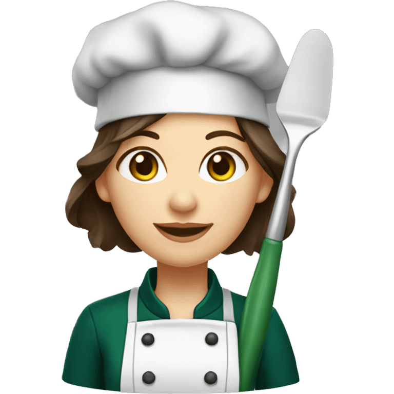 Female chef with long brown hair and hazel eyes wearing a dark green chef’s coat and holding a spatula emoji