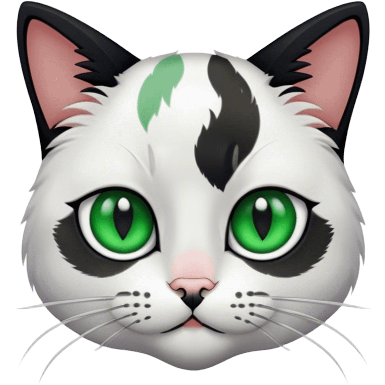 white calico cat with black fur around eyes and green eyes  emoji