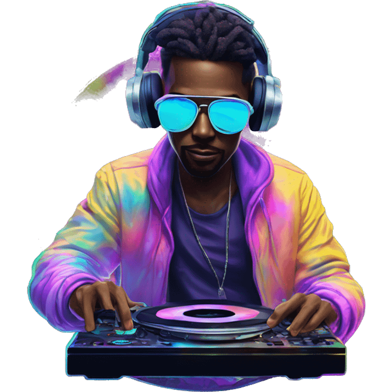 A dj wearing sunglasses playing music holding a cd record record, vinyl, oilslick holographic blacklight inverted graffiti dark dull emoji