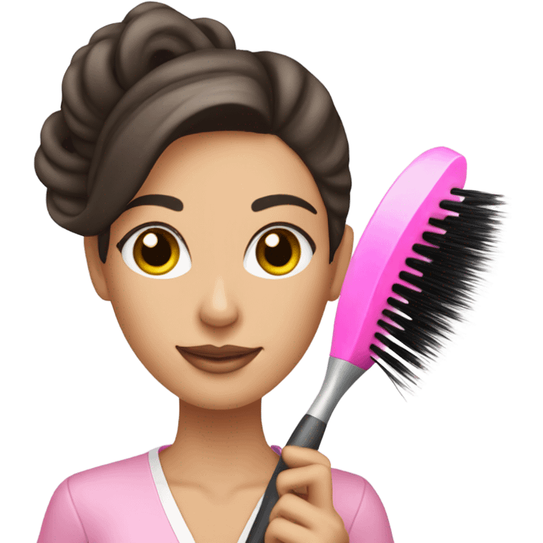 Brunette esthetician wearing pink holding a fan brush emoji